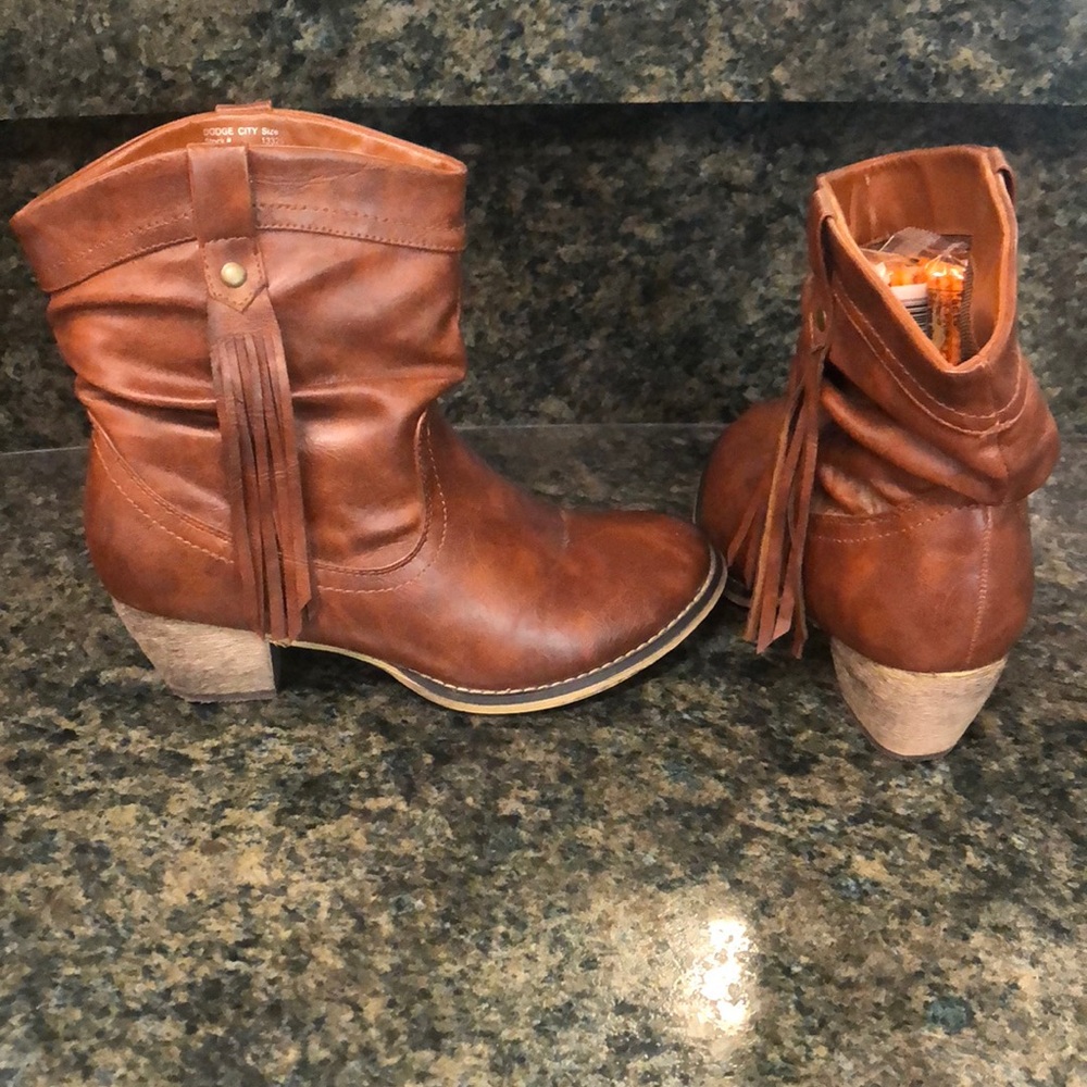 Brown leather tassel booties